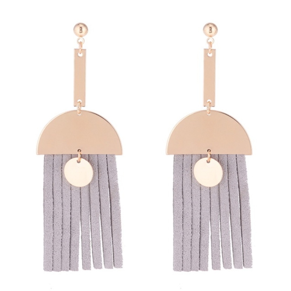 Taupe Half Moon Fringe Tassel Statement Earrings